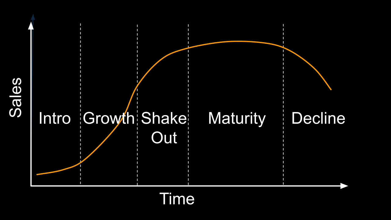 A graph illustrating the industry life cycle model, showing the change in sales over time across five stages: Introduction, Growth, Shake Out, Maturity, and Decline.