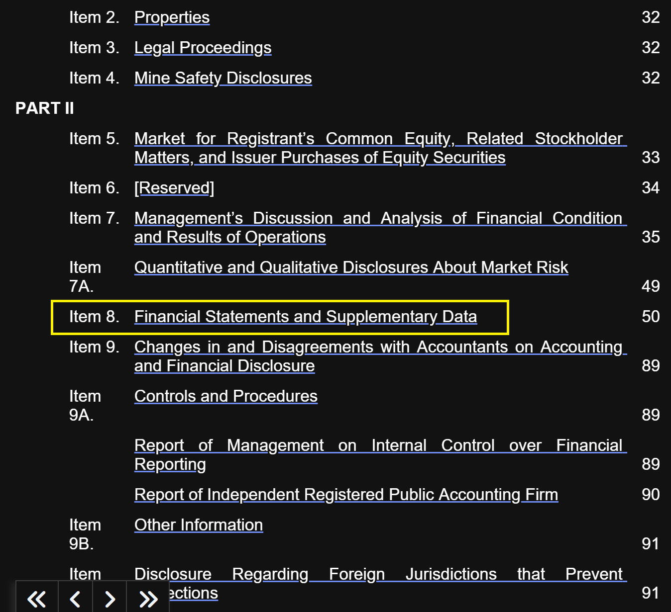 Index page of a 10-K report highlighting Item 8 Financial Statements and Supplementary Data