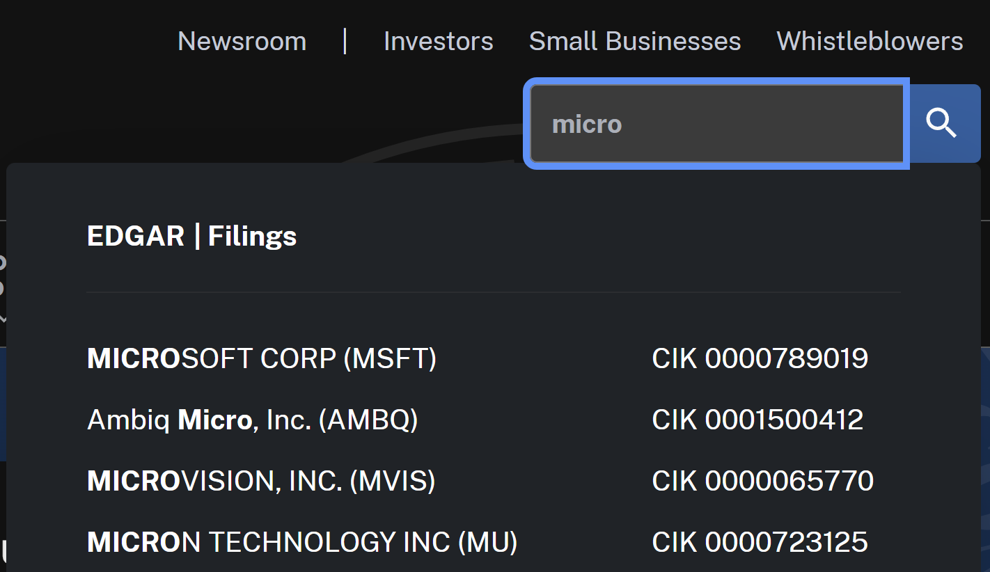 SEC website search bar showing EDGAR filings results for companies starting with microsoft