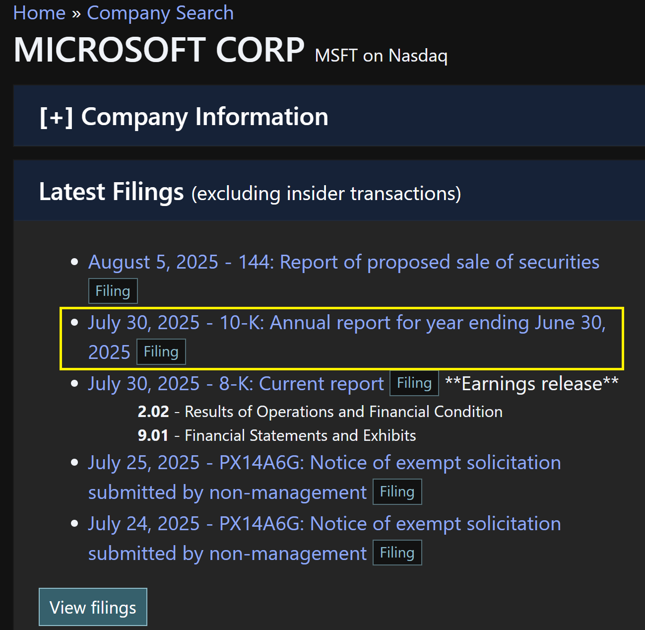 Microsoft Corporation SEC filings page showing July 30, 2025 10-K annual financial report