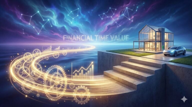 A conceptual illustration showing a glowing path of gears and charts transforming into concrete steps leading to a modern house and car under a night sky with constellations, symbolizing "Financial Time Value."