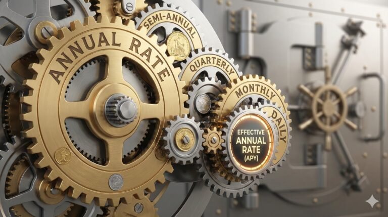 A detailed 3D illustration of a brass clockwork mechanism inside a bank vault. A large gear labeled "ANNUAL RATE" connects to smaller, faster gears labeled "QUARTERLY," "MONTHLY," and "DAILY," all driving a central glowing gauge that reads "EFFECTIVE ANNUAL RATE (APY)."