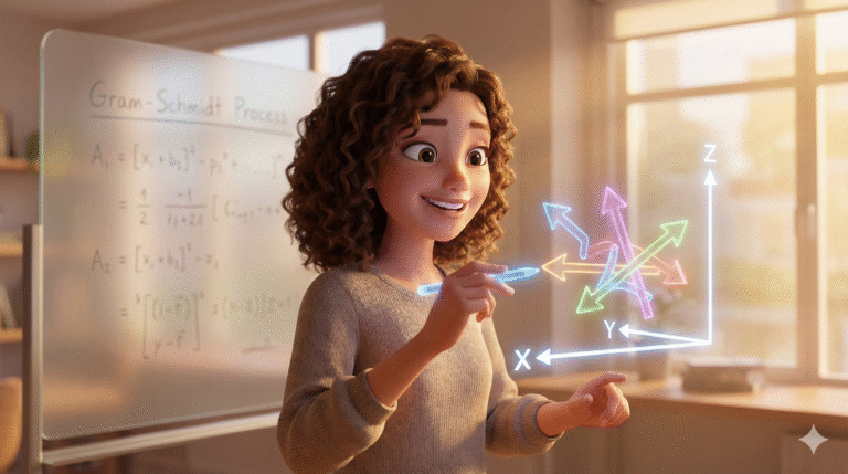 Pixar-style 3D illustration of a smiling student using a stylus to organize skewed holographic vectors into a perfect, glowing XYZ coordinate system, representing the Gram-Schmidt process.