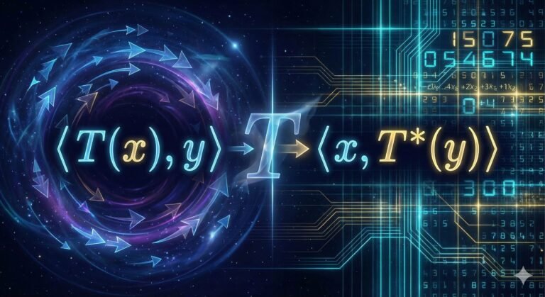 Abstract visualization of the linear algebra adjoint operator concept, showing the mathematical symbol T moving across an inner product bracket and transforming into T-star against a background that transitions from abstract vector fields to a concrete matrix grid.