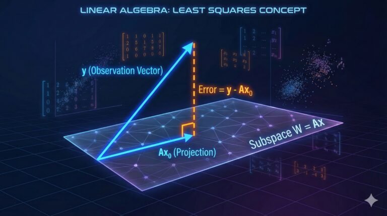A 3D mathematical visualization showing a vector 'y' outside a planar subspace 'W'. A dashed line representing the error vector drops orthogonally from 'y' onto the plane to the closest point 'Ax', illustrating the geometric solution to the least squares problem.