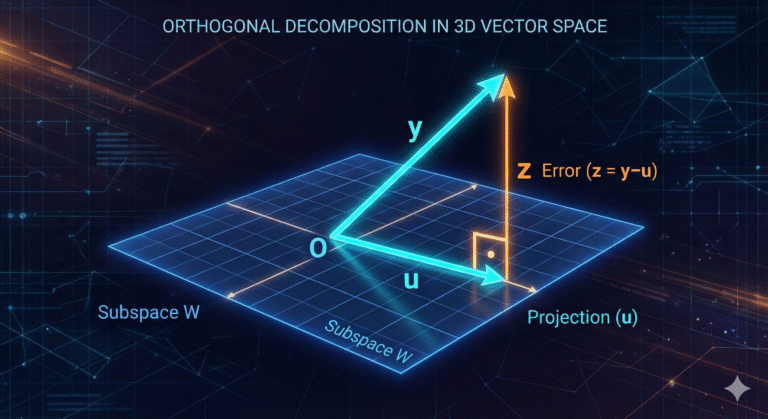 A 3D mathematical diagram showing a vector 'y' being decomposed into a projection vector 'u' lying on a gridded plane and an orthogonal error vector 'z' perpendicular to the plane.
