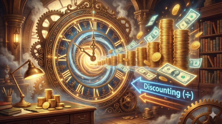 A cinematic illustration of the time value of money concept. A large ornate clock acts as a portal where large stacks of future money fly backward through time to the left, shrinking into a smaller pile of present value coins, labeled with a glowing arrow that reads "Discounting (÷)".