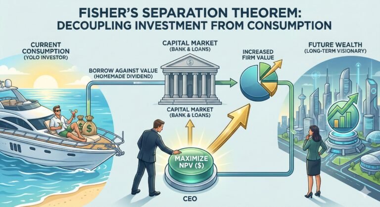 An illustration of Fisher's Separation Theorem showing a CEO maximizing Net Present Value (NPV). A central bank building represents the capital market, connecting a short-term investor enjoying a yacht on the left and a long-term investor looking at future city growth on the right.