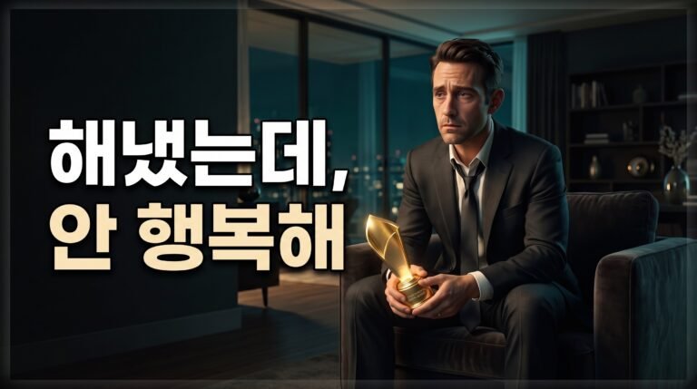 화려한 펜트하우스에서 황금 트로피를 든 채 공허한 표정으로 허공을 응시하는 정장 차림의 인물과 조건부 행복의 역설